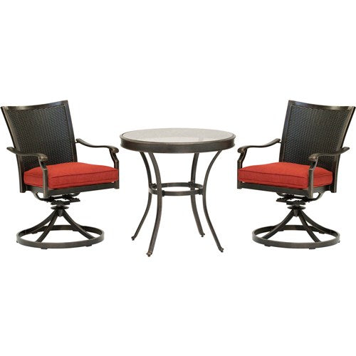 Hanover - Traditions 3pc: 2 Wicker Back Swivel Rockers, 30" Round Glass Table - Red/Bronze-United Backyard
