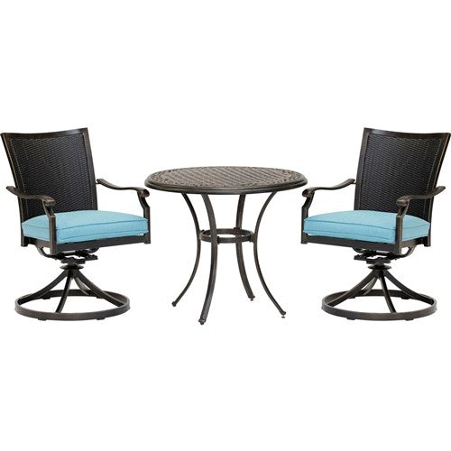 Hanover - Traditions 3pc: 2 Wicker Back Swivel Rockers, 32" Round Cast Table - Blue/Bronze-United Backyard
