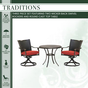 Hanover - Traditions 3pc: 2 Wicker Back Swivel Rockers, 32" Round Cast Table - Red/Bronze-United Backyard