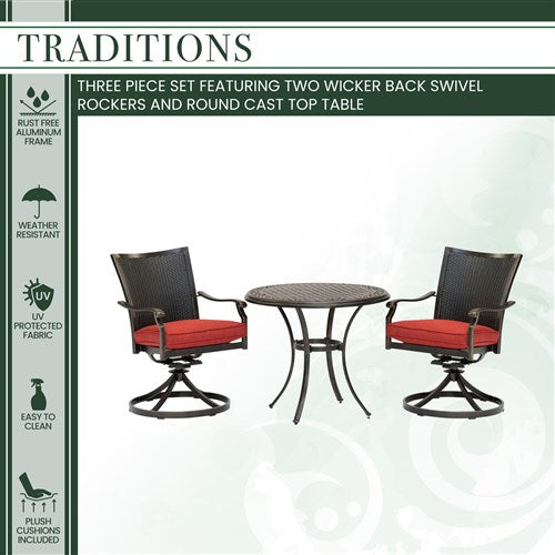 Hanover - Traditions 3pc: 2 Wicker Back Swivel Rockers, 32" Round Cast Table - Red/Bronze-United Backyard