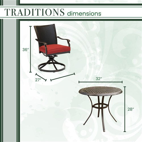 Hanover - Traditions 3pc: 2 Wicker Back Swivel Rockers, 32" Round Cast Table - Red/Bronze-United Backyard