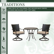 Hanover - Traditions 3pc: 2 Wicker Back Swivel Rockers, 32" Round Cast Table - Tan/Bronze-United Backyard