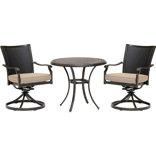 Hanover - Traditions 3pc: 2 Wicker Back Swivel Rockers, 32" Round Cast Table - Tan/Bronze-United Backyard