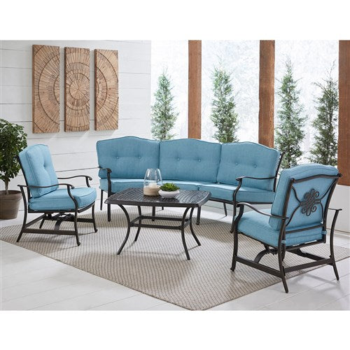 Hanover - Traditions 4pc Set: Sofa, 2 Cushion Rockers, Cast Top Coffee Table - Blue/Bronze-United Backyard