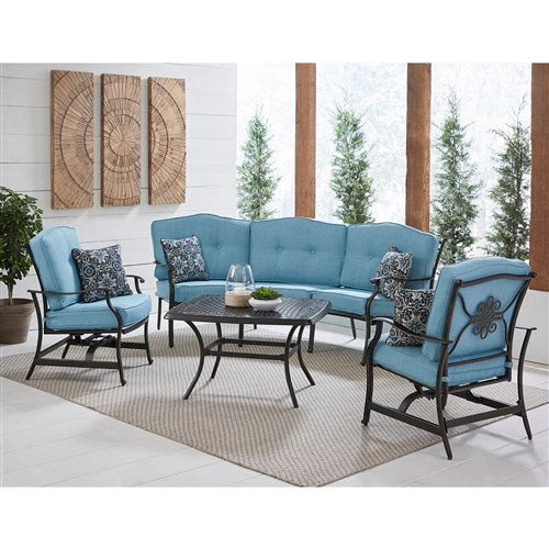 Hanover - Traditions 4pc Set: Sofa, 2 Cushion Rockers, Cast Top Coffee Table - Blue/Bronze-United Backyard