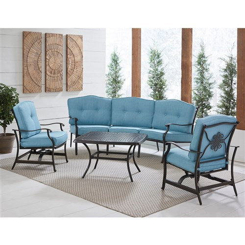 Hanover - Traditions 4pc Set: Sofa, 2 Cushion Rockers, Cast Top Coffee Table - Blue/Bronze-United Backyard