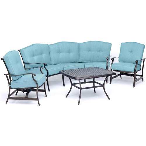 Hanover - Traditions 4pc Set: Sofa, 2 Cushion Rockers, Cast Top Coffee Table - Blue/Bronze-United Backyard