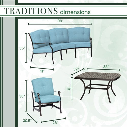 Hanover - Traditions 4pc Set: Sofa, 2 Cushion Rockers, Cast Top Coffee Table - Blue/Bronze-United Backyard