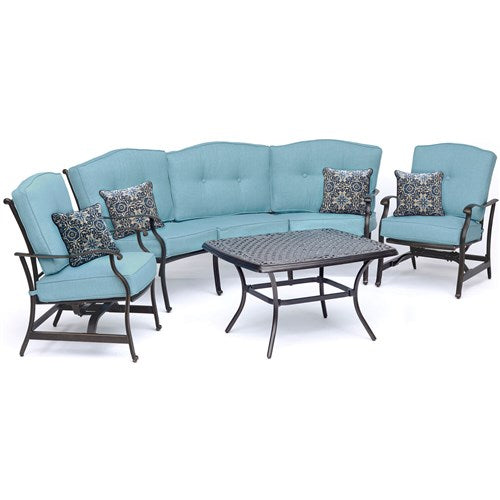 Hanover - Traditions 4pc Set: Sofa, 2 Cushion Rockers, Cast Top Coffee Table - Blue/Bronze-United Backyard