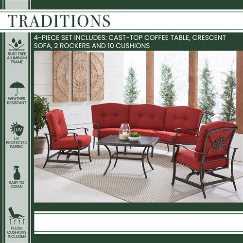 Hanover - Traditions 4pc Set: Sofa, 2 Cushion Rockers, Cast Top Coffee Table - Red/Bronze-United Backyard