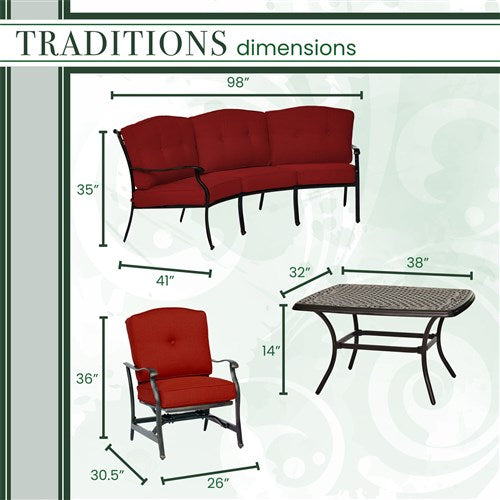 Hanover - Traditions 4pc Set: Sofa, 2 Cushion Rockers, Cast Top Coffee Table - Red/Bronze-United Backyard