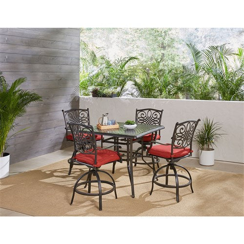 Hanover - Traditions 5pc: 4 Counter Height Swivel Chairs, 42" Square Cast Table-United Backyard