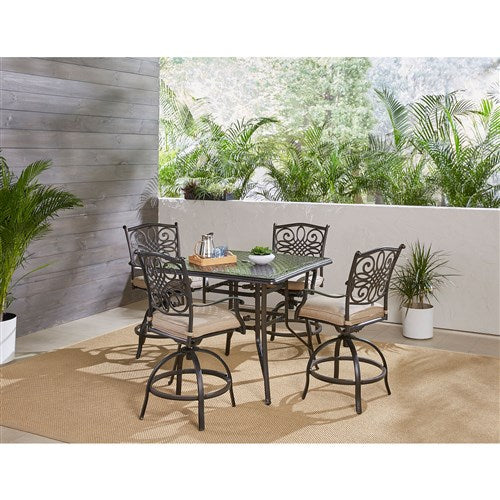 Hanover - Traditions 5pc: 4 Counter Height Swivel Chairs, 42" Square Cast Table-United Backyard