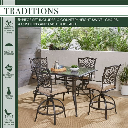 Hanover - Traditions 5pc: 4 Counter Height Swivel Chairs, 42" Square Cast Table-United Backyard