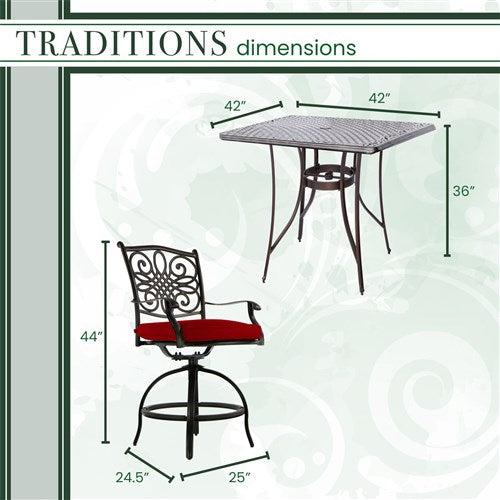 Hanover - Traditions 5pc: 4 Counter Height Swivel Chairs, 42" Square Cast Table-United Backyard