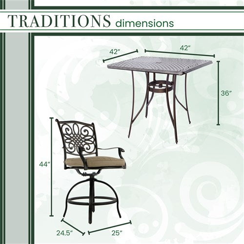 Hanover - Traditions 5pc: 4 Counter Height Swivel Chairs, 42" Square Cast Table-United Backyard