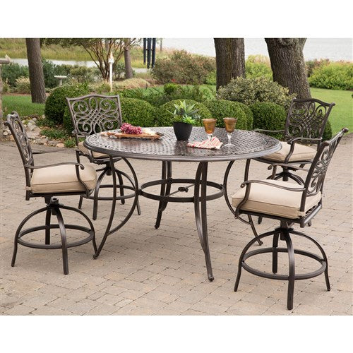 Hanover - Traditions 5pc: 4 Counter Height Swivel Chairs, 56" Rnd Cast Table-United Backyard