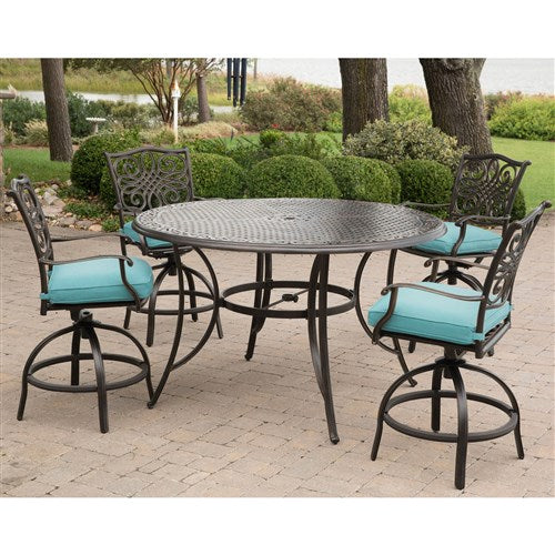 Hanover - Traditions 5pc: 4 Counter Height Swivel Chairs, 56" Rnd Cast Table-United Backyard