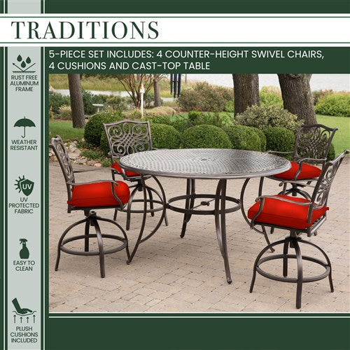 Hanover - Traditions 5pc: 4 Counter Height Swivel Chairs, 56" Rnd Cast Table-United Backyard