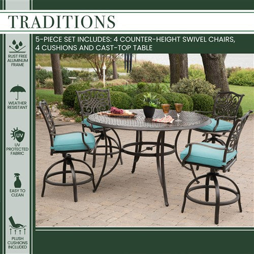 Hanover - Traditions 5pc: 4 Counter Height Swivel Chairs, 56" Rnd Cast Table-United Backyard