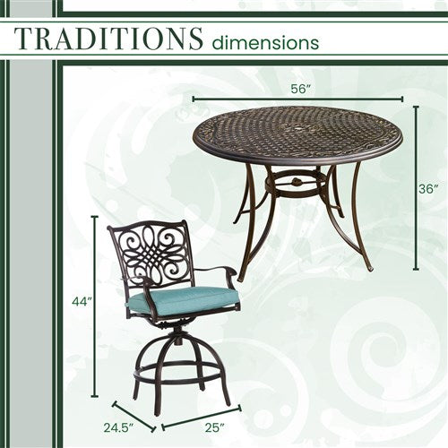 Hanover - Traditions 5pc: 4 Counter Height Swivel Chairs, 56" Rnd Cast Table-United Backyard