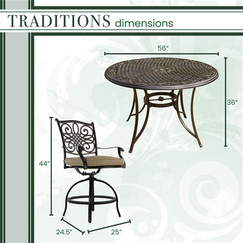 Hanover - Traditions 5pc: 4 Counter Height Swivel Chairs, 56" Rnd Cast Table-United Backyard