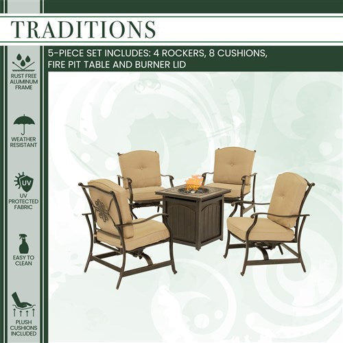 Hanover - Traditions 5pc: 4 Deep Seating Rockers and 26" Square Fire Pit - Tan/Bronze-United Backyard