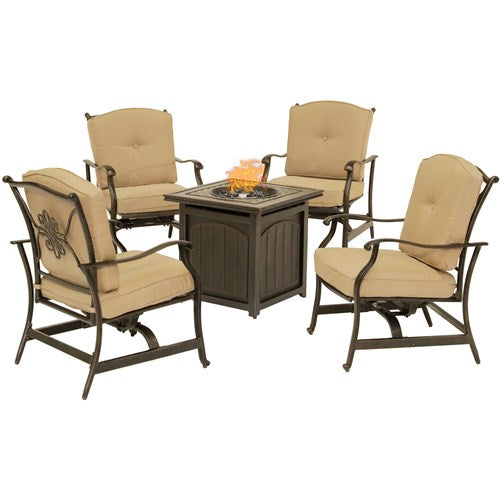 Hanover - Traditions 5pc: 4 Deep Seating Rockers and 26" Square Fire Pit - Tan/Bronze-United Backyard