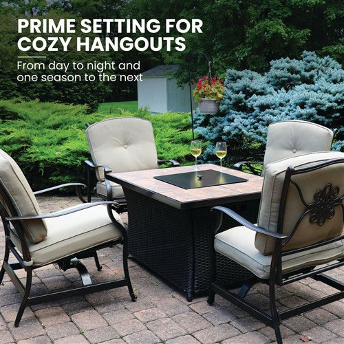 Hanover - Traditions 5pc: 4 Deep Seating Rockers and Woven Fire Pit with Tile Top - Tan/Bronze-United Backyard