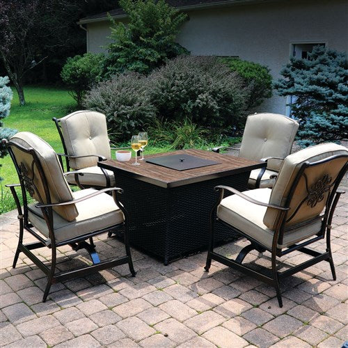 Hanover - Traditions 5pc: 4 Deep Seating Rockers and Woven Fire Pit with Wood Tile Top - Tan/Bronze-United Backyard