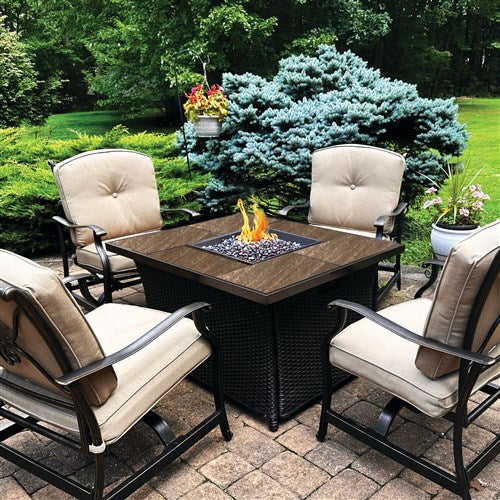 Hanover - Traditions 5pc: 4 Deep Seating Rockers and Woven Fire Pit with Wood Tile Top - Tan/Bronze-United Backyard