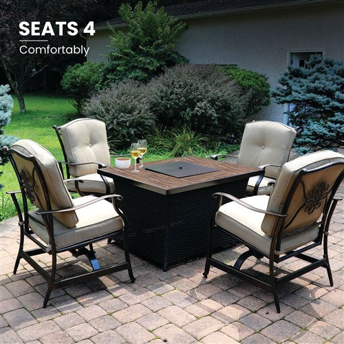 Hanover - Traditions 5pc: 4 Deep Seating Rockers and Woven Fire Pit with Wood Tile Top - Tan/Bronze-United Backyard