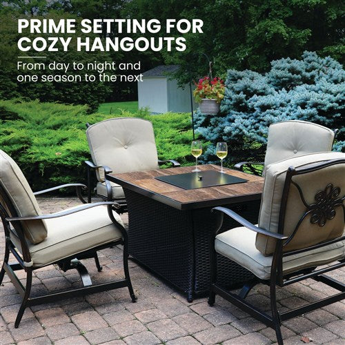 Hanover - Traditions 5pc: 4 Deep Seating Rockers and Woven Fire Pit with Wood Tile Top - Tan/Bronze-United Backyard