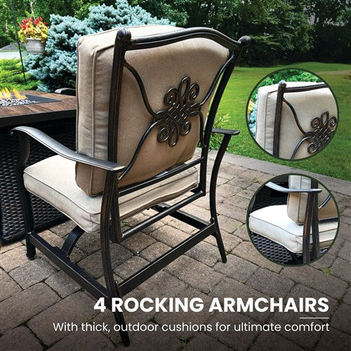 Hanover - Traditions 5pc: 4 Deep Seating Rockers and Woven Fire Pit with Wood Tile Top - Tan/Bronze-United Backyard