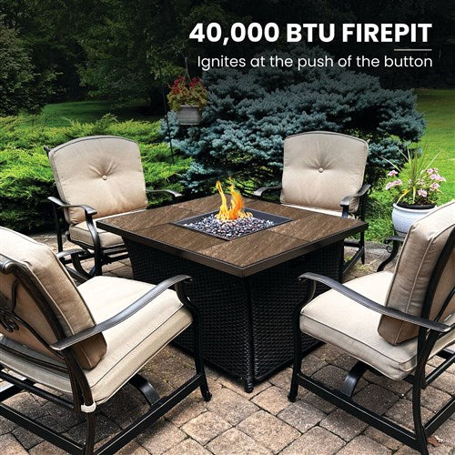 Hanover - Traditions 5pc: 4 Deep Seating Rockers and Woven Fire Pit with Wood Tile Top - Tan/Bronze-United Backyard