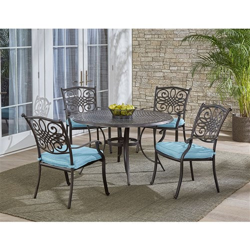 Hanover - Traditions 5pc: 4 Dining Chairs, 48" Round Cast Table - Blue/Cast-United Backyard