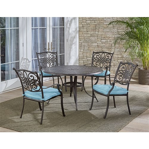 Hanover - Traditions 5pc: 4 Dining Chairs, 48" Round Cast Table - Blue/Cast-United Backyard