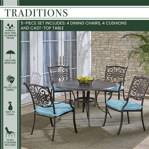 Hanover - Traditions 5pc: 4 Dining Chairs, 48" Round Cast Table - Blue/Cast-United Backyard