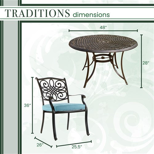 Hanover - Traditions 5pc: 4 Dining Chairs, 48" Round Cast Table - Blue/Cast-United Backyard