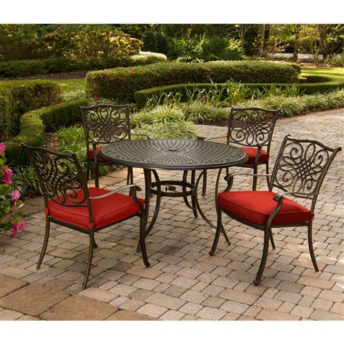 Hanover - Traditions 5pc: 4 Dining Chairs, 48" Round Cast Table - Red/Cast-United Backyard