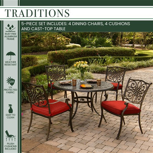 Hanover - Traditions 5pc: 4 Dining Chairs, 48" Round Cast Table - Red/Cast-United Backyard