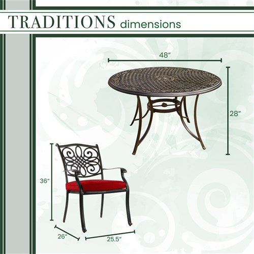 Hanover - Traditions 5pc: 4 Dining Chairs, 48" Round Cast Table - Red/Cast-United Backyard