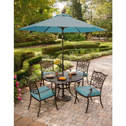 Hanover - Traditions 5pc: 4 Dining Chairs, 48" Round Cast Table, Umbrella, Base - Blue/Cast-United Backyard