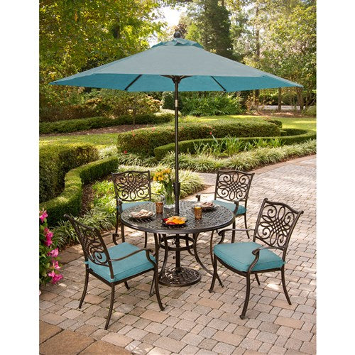 Hanover - Traditions 5pc: 4 Dining Chairs, 48" Round Cast Table, Umbrella, Base - Blue/Cast-United Backyard