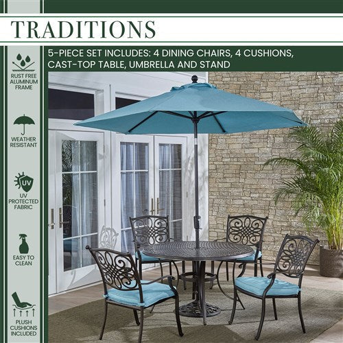 Hanover - Traditions 5pc: 4 Dining Chairs, 48" Round Cast Table, Umbrella, Base - Blue/Cast-United Backyard