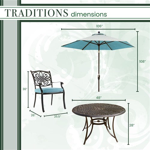 Hanover - Traditions 5pc: 4 Dining Chairs, 48" Round Cast Table, Umbrella, Base - Blue/Cast-United Backyard
