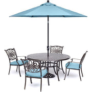 Hanover - Traditions 5pc: 4 Dining Chairs, 48" Round Cast Table, Umbrella, Base - Blue/Cast-United Backyard
