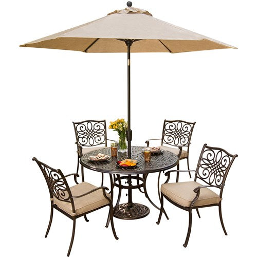Hanover - Traditions 5pc: 4 Dining Chairs, 48" Round Cast Table, Umbrella, Base - Tan/Cast-United Backyard