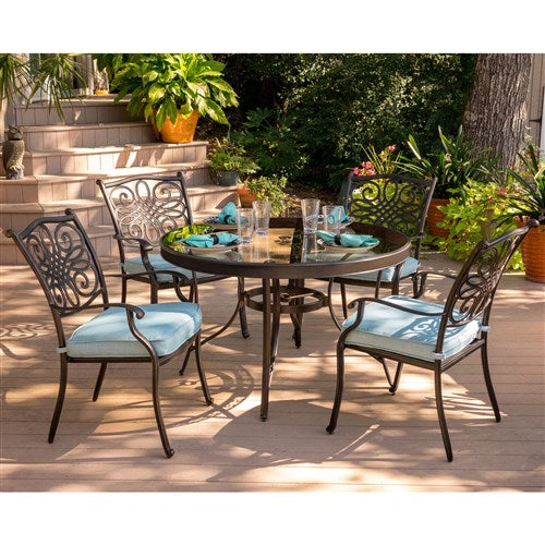 Hanover - Traditions 5pc: 4 Dining Chairs, 48" Round Glass Top Table - Blue/Glass-United Backyard