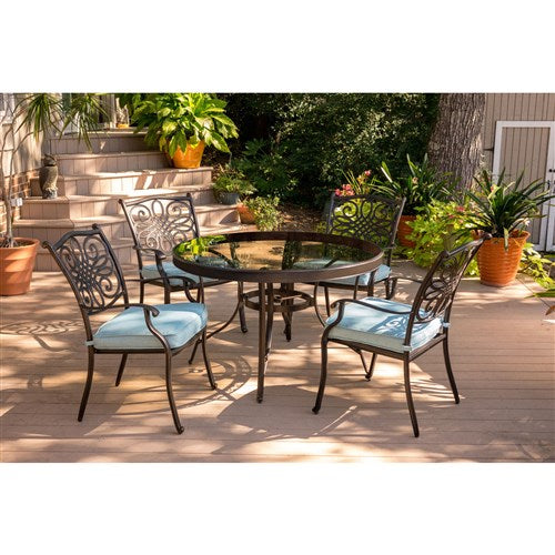 Hanover - Traditions 5pc: 4 Dining Chairs, 48" Round Glass Top Table - Blue/Glass-United Backyard